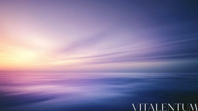 Sunset sky casts soft purple and pink light over calm sea