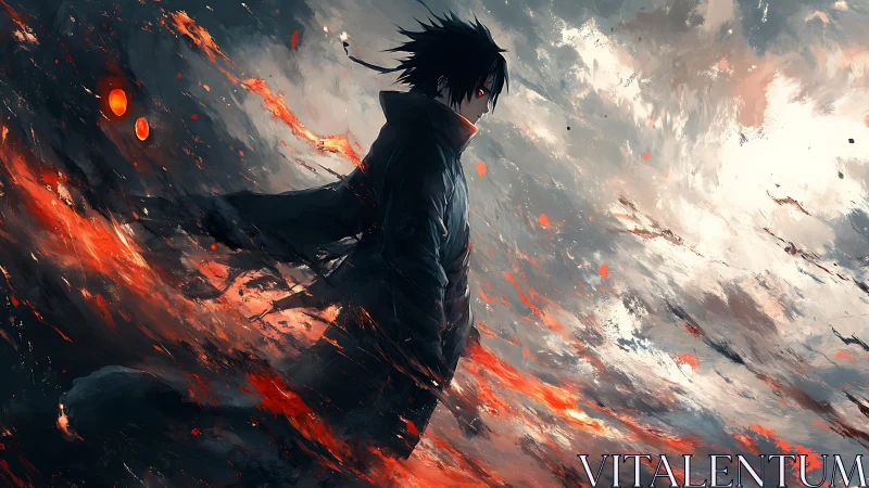 Volcanic energy vortex around lone anime silhouette figure.