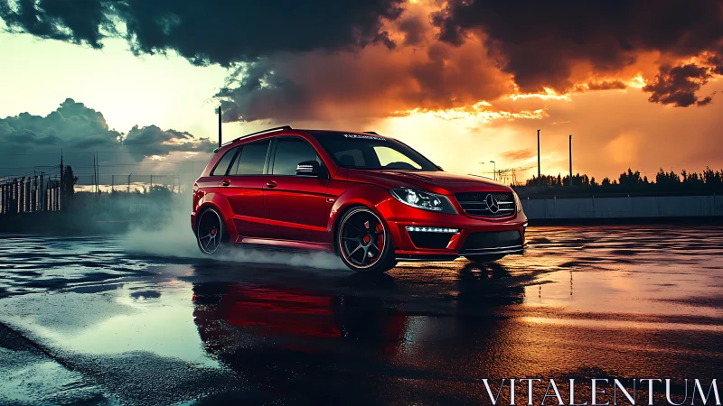 Fiery red sports wagon glides across a rain-soaked track at dusk