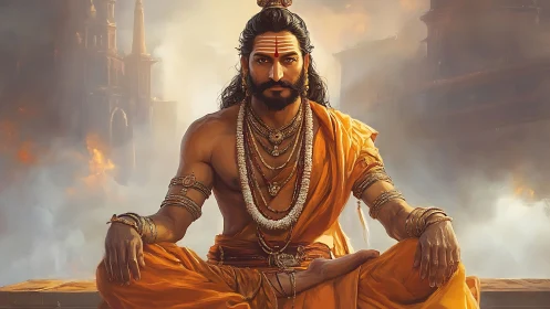 Warrior sage in orange robes rendered with high-detail digital painting