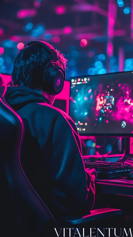 Focused gamer at RGB desktop setup in neon pink light.