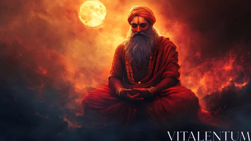 Seated ascetic in orange robes under full moon, digital art.