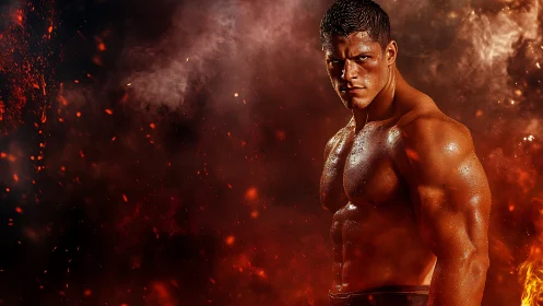Muscular male torso against dark smoky fiery backdrop.