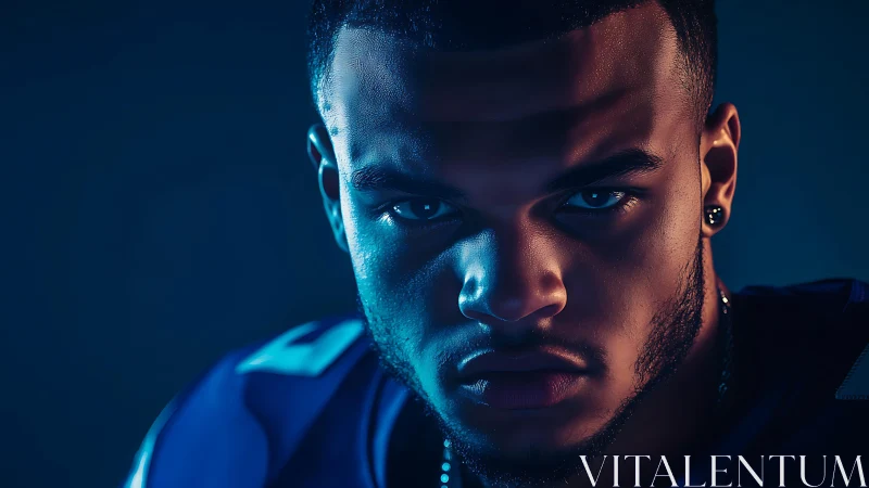 Intense blue-lit athlete portrait with dramatic shadows.
