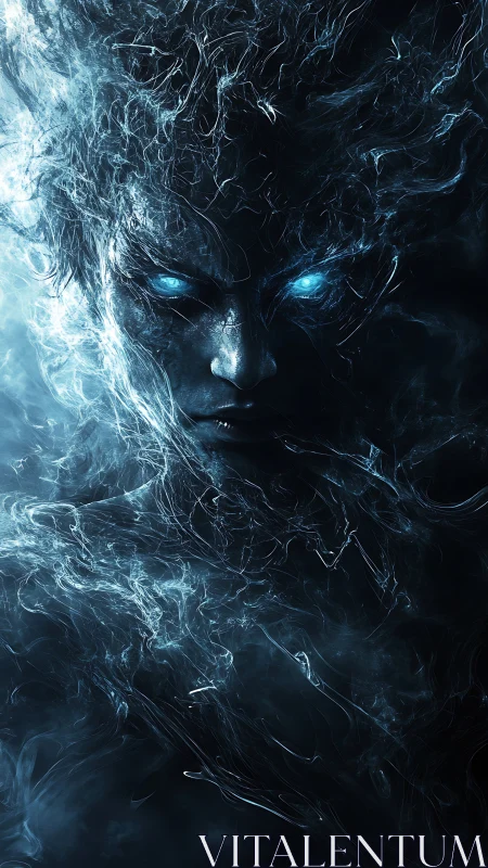 Mysterious blue spirit emerging from swirling cosmic mist.