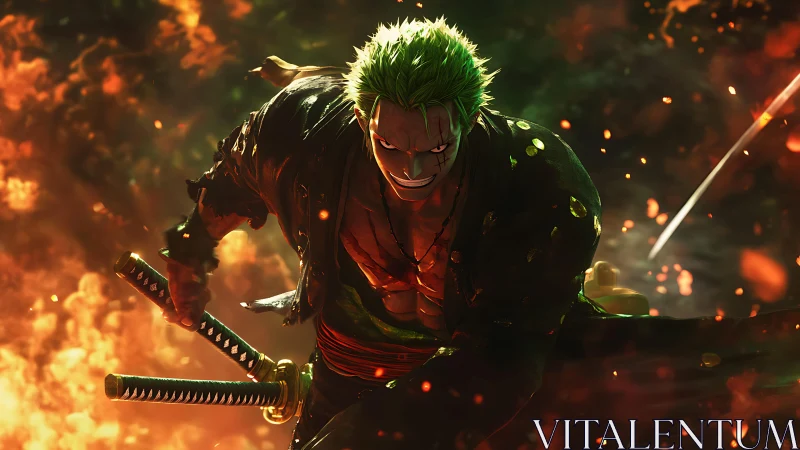 Green-haired swordsman charging through fire in battle