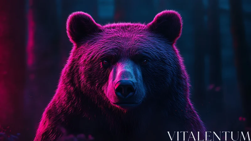 Bioluminescent magenta rim-lit bear portrait in neon forest