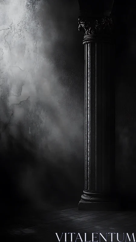 Solemn stone pillar guarding fog-draped forgotten hall.