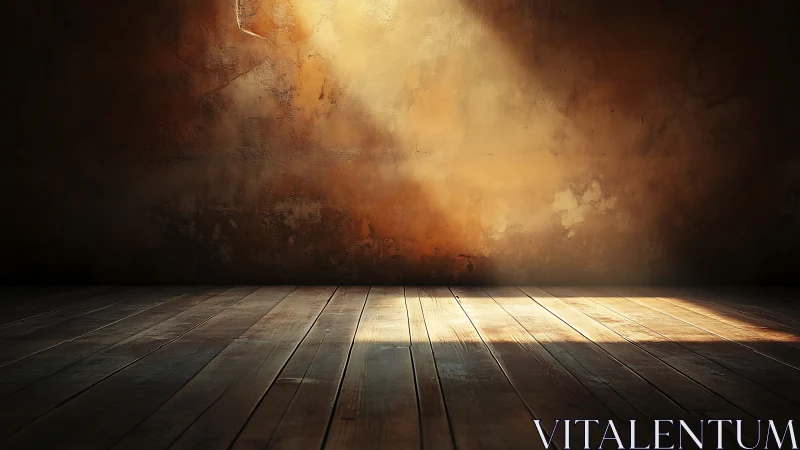 Sunlit wooden floor against textured ochre interior wall.