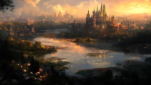 Golden fantasy castle reflects across misty twilight lake.