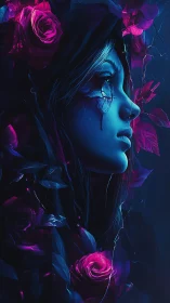 Neon-lit profile of veiled woman entwined with bioluminescent roses