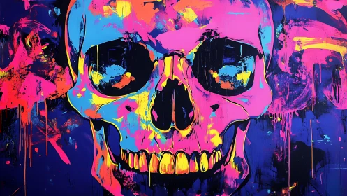 Neon skull graffiti art with bold dripping paint colors.