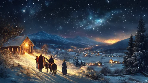 Snow-covered valley landscape shows travelers under starry sky