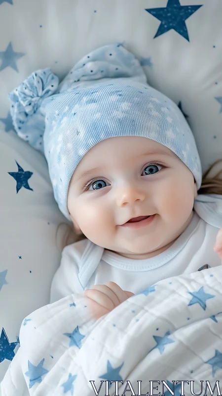 Precious newborn smiles sweetly in cozy blue star bedding