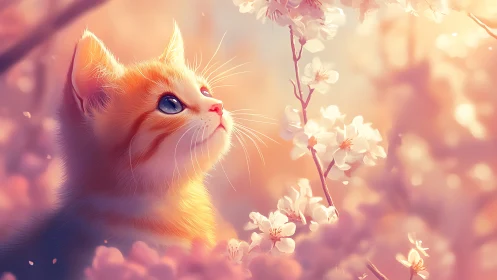 Illuminated Feline Portrait with Atmospheric Bokeh and Botanical Elements Rendering