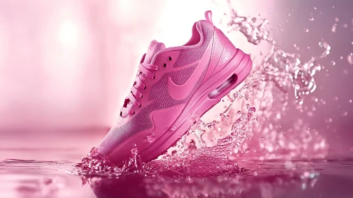 Pink athletic sneaker captured mid-splash in controlled water scene