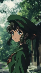 Forest-scout girl pausing mid-step in soft summer hush.