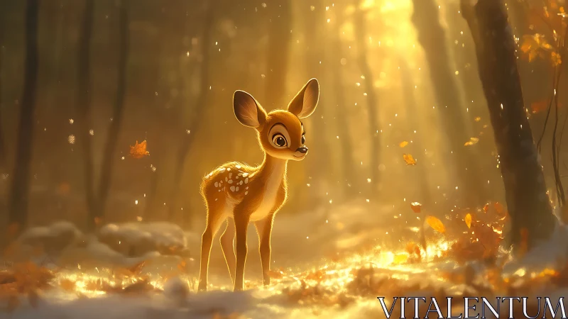 Gentle fawn glowing softly in golden forest light.