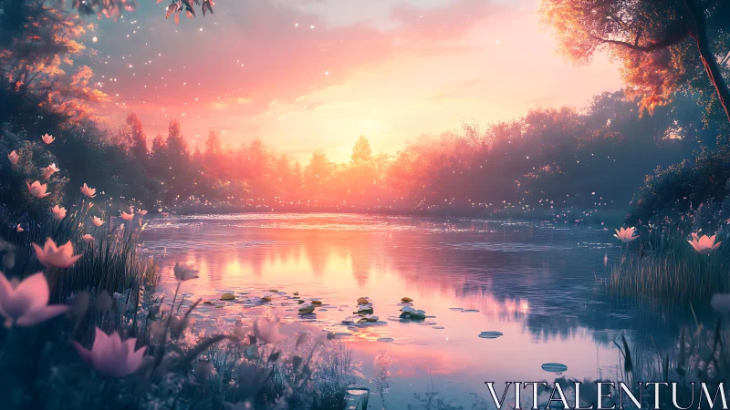 Lakeside waterlilies under diffuse sunset light glow.