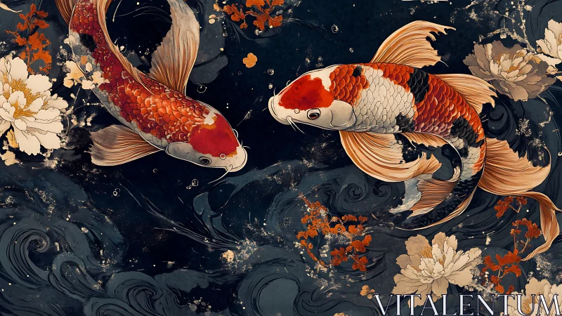 Koi carp pair in stylized dark pond with floral elements.
