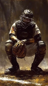 Gritty baseball catcher crouches in the dirt, ready to focus