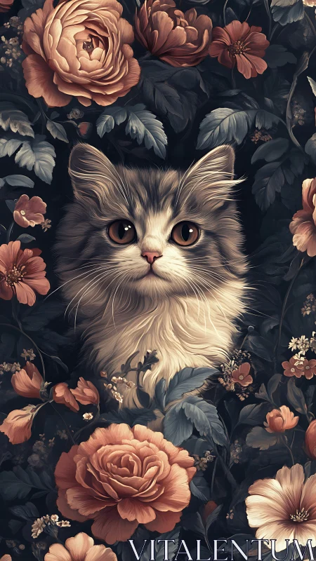 Fluffy Cat Among Garden Roses and Blooms.