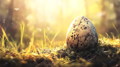 Speckled egg macro on mossy forest floor in golden backlight