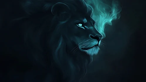 Lion profile silhouette shows cyan smoke and luminous eyes