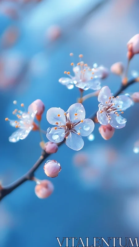 Dewdrop-Laden Spring Blossoms Against Azure Sky.