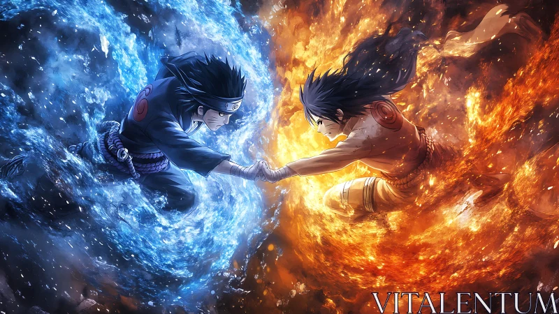 Clashing elemental warriors locked in fiery icy vortexes.