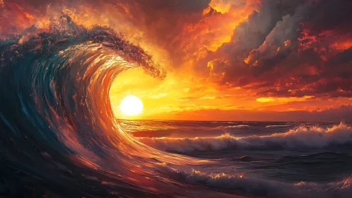 Towering sunset wave curls around a blazing ocean horizon