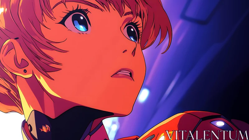 Anime pilot close-up under neon rim lighting, startled gaze