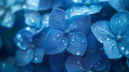 Blue flowers with water droplets in close detail.