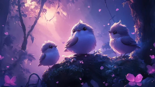 Three Fluffy Birds in Enchanted Forest, Dreamy Fantasy Art.