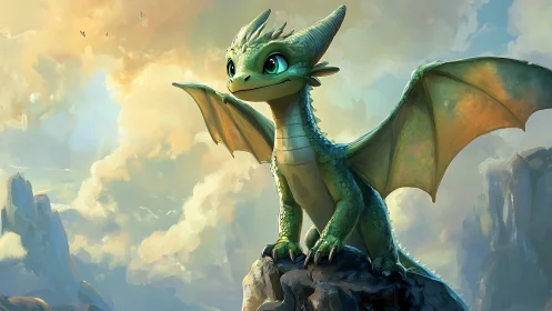 Young green dragon on rocky peak amid soft clouds.