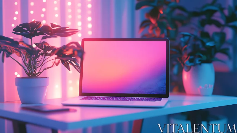 Neon-lit laptop workstation renders ambient bokeh glow