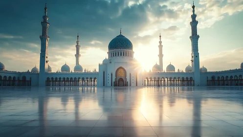 Sunlit mosque courtyard reflects soft morning sky glow.