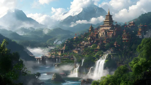 Mountain temple city rises above misty jungle waterfalls