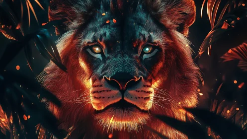 Lion face glows with orange and teal rim lighting effects