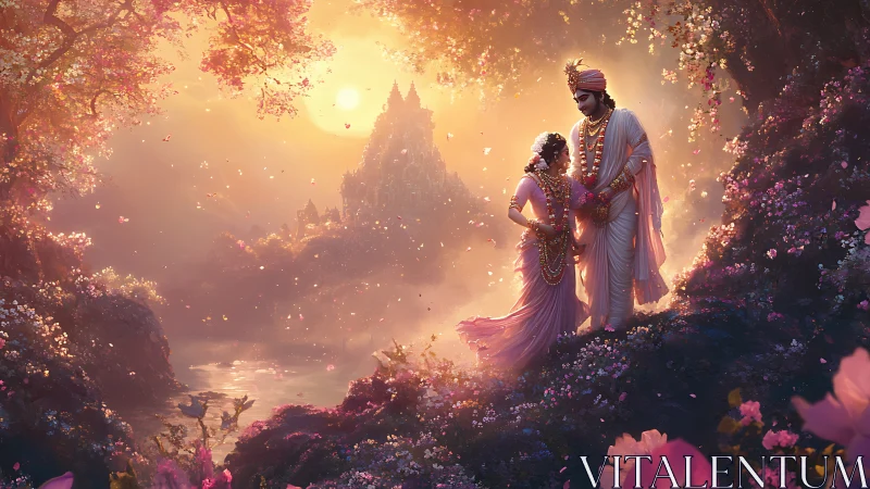 Luminous mythic couple in floral valley under radiant sun.
