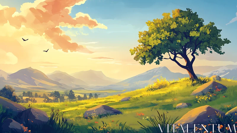 Tree on sunlit hillside overlooks layered distant mountains