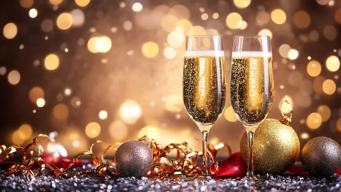 Sparkling champagne flutes with golden bokeh celebration backdrop.