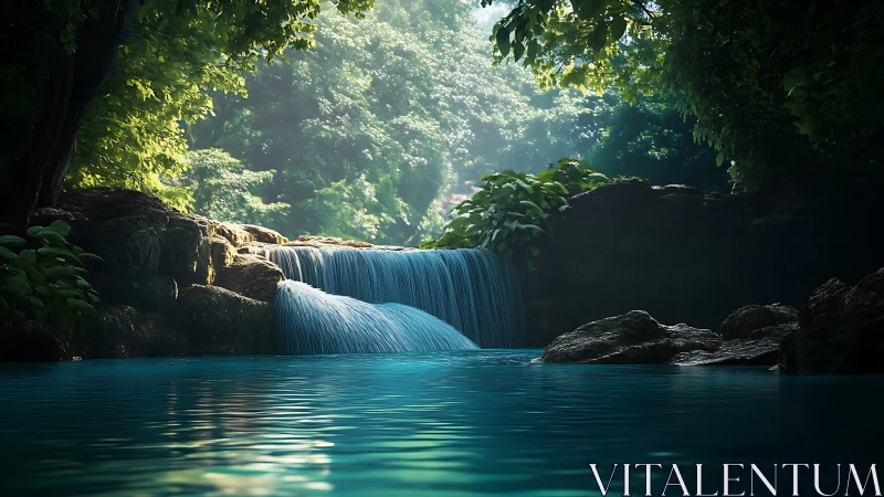 Hydrologic cascade under volumetric forest light rendering.