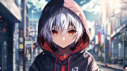 Hooded anime teen with white hair stands centered in city street