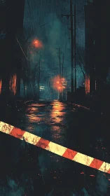 Moody rainy alley glowing with soft orange streetlights.