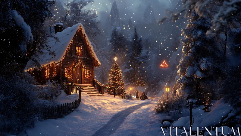 Snowy forest cabin glows with warm festive lights at dusk.