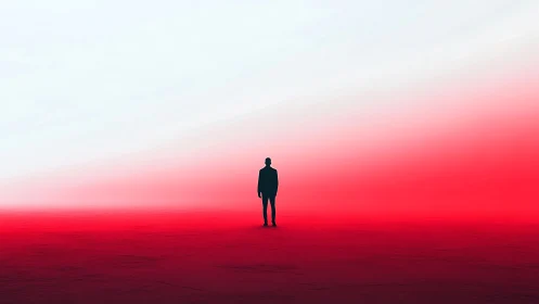 Silhouette stands on red ground below white gradient sky