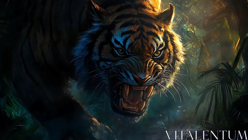 Roaring tiger charges from misty jungle in dramatic lighting