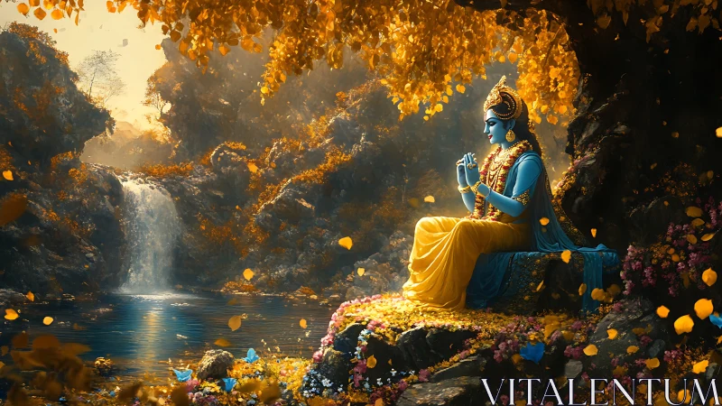 Divine blue figure meditating by luminous forest waterfall.