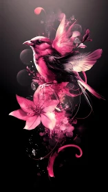 Chromatic avian bloom with luminous magenta particle plumes.